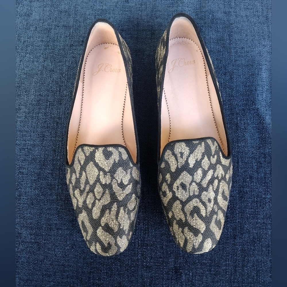 J. Crew Womens Metallic Black Gold Leopard Print Smoking Loafers Flats 6